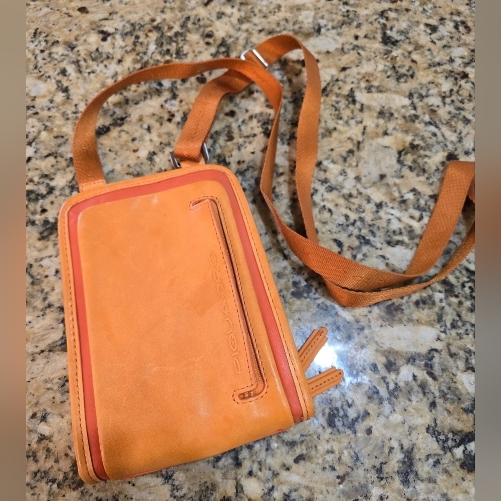 Piquadro Orange Leather Small Mens Crossbody Bag 8X5.5